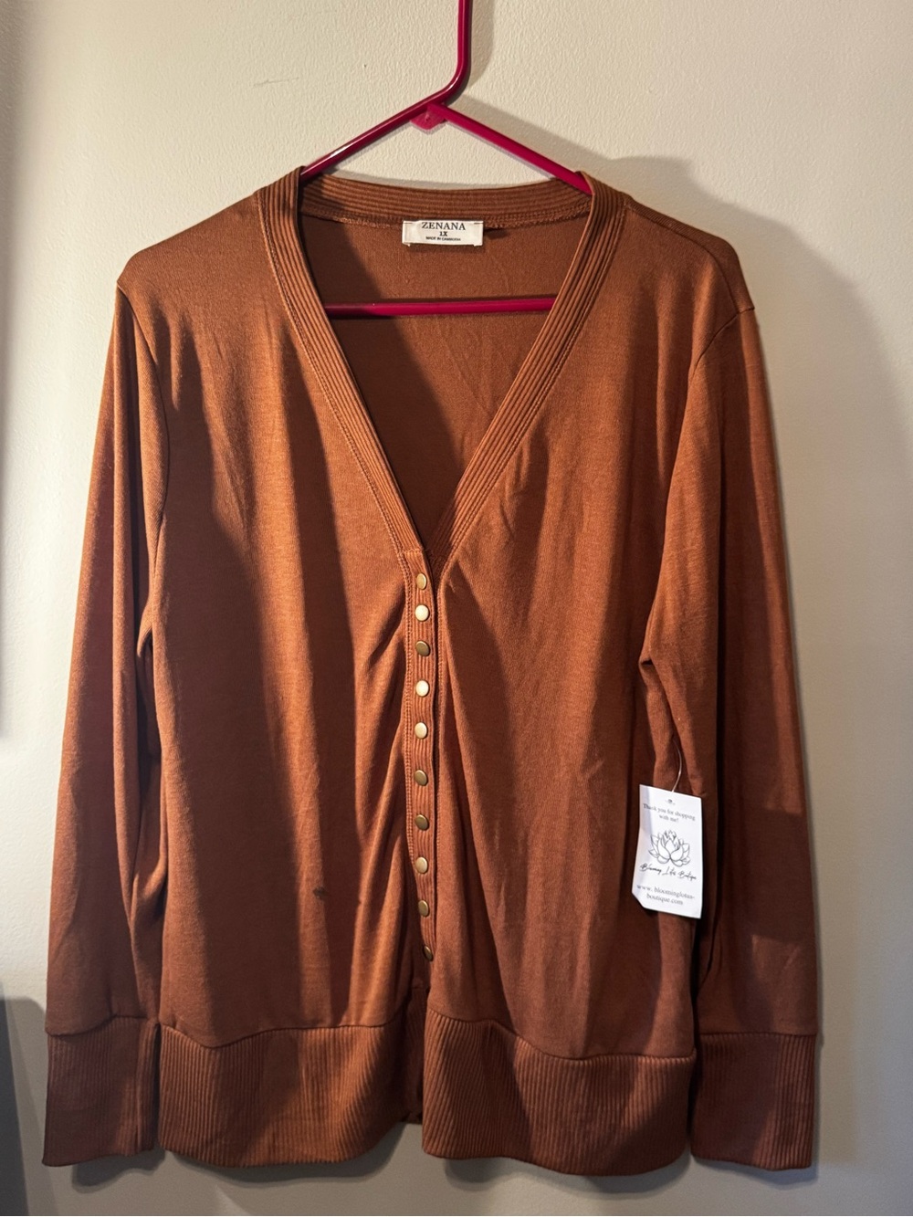Zenana Outfitters Brown Button-Front V-Neck Cardigan